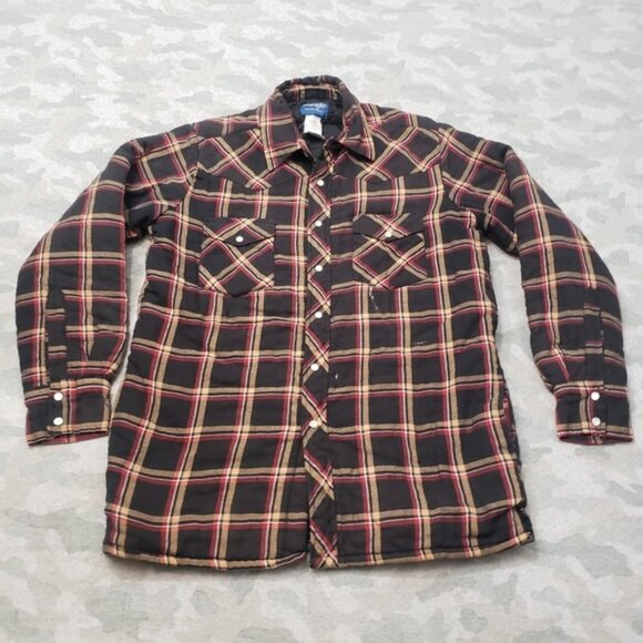 Wrangler Western Shirt Mens Medium Black Flannel Lined Pearl Snap Pockets - Picture 1 of 10